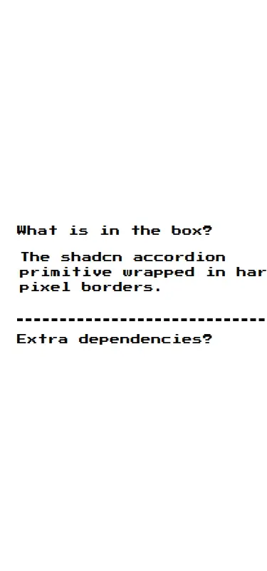 Harness screenshot of 8bitcn-accordion at 375 pixels wide