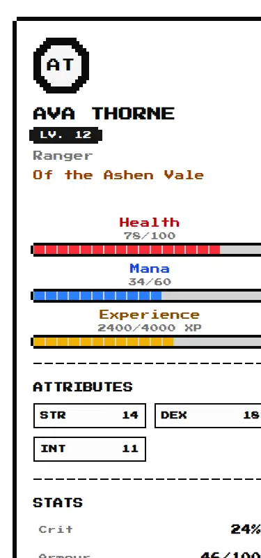 Harness screenshot of 8bitcn-character-sheet at 375 pixels wide