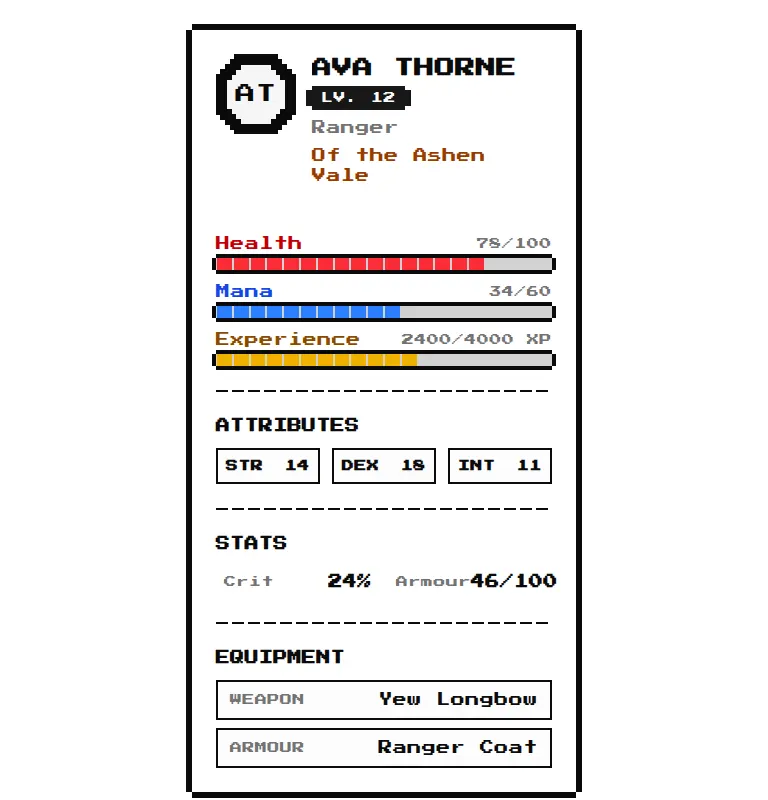 Harness screenshot of 8bitcn-character-sheet at 768 pixels wide