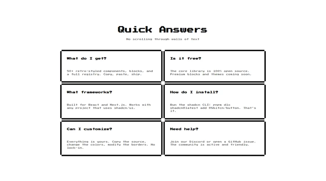 Harness screenshot of 8bitcn-faq2 at 1440 pixels wide