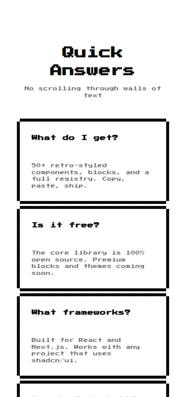 Harness screenshot of 8bitcn-faq2 at 375 pixels wide