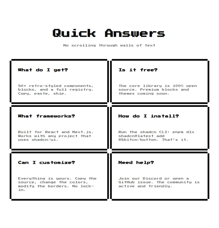 Harness screenshot of 8bitcn-faq2 at 768 pixels wide