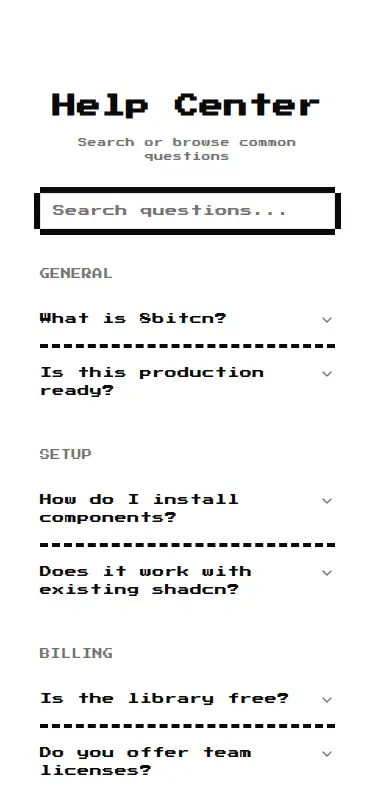 Harness screenshot of 8bitcn-faq3 at 375 pixels wide