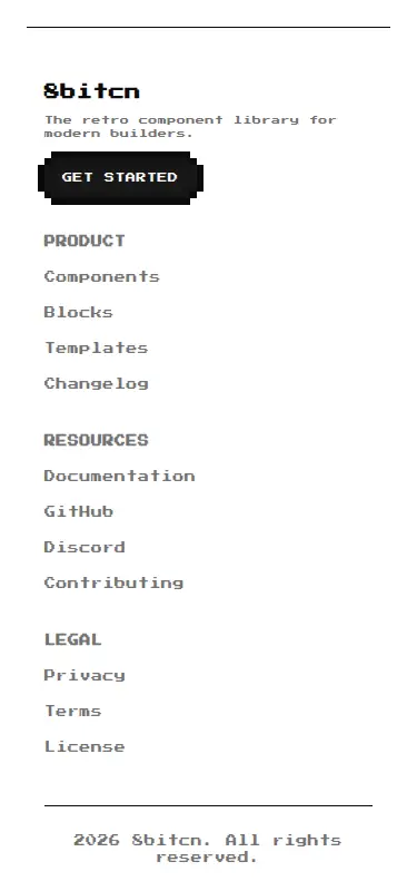 Harness screenshot of 8bitcn-footer1 at 375 pixels wide