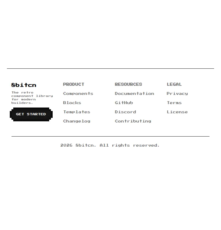 Harness screenshot of 8bitcn-footer1 at 768 pixels wide