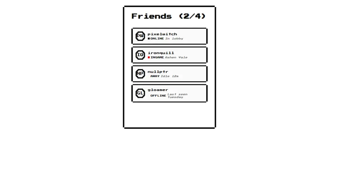 Harness screenshot of 8bitcn-friend-list at 1440 pixels wide