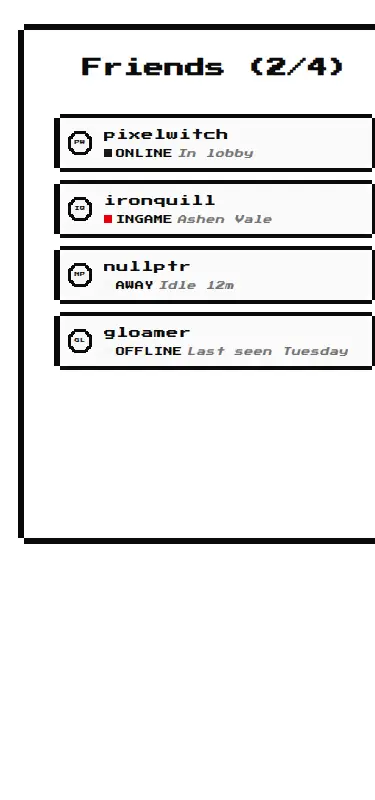 Harness screenshot of 8bitcn-friend-list at 375 pixels wide