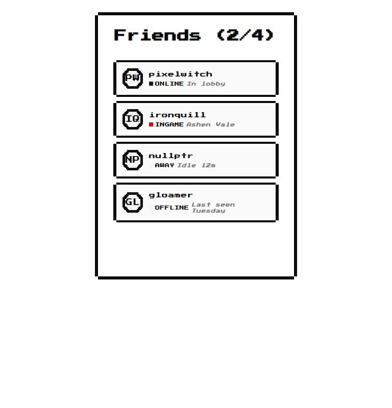 Harness screenshot of 8bitcn-friend-list at 768 pixels wide