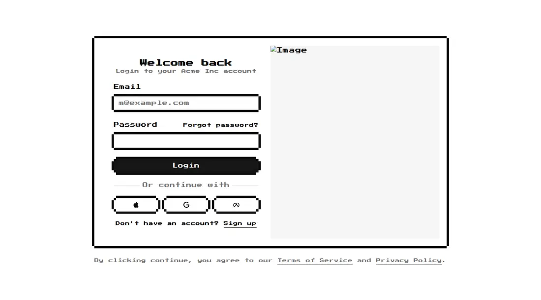 Harness screenshot of 8bitcn-login-form-with-image at 1440 pixels wide