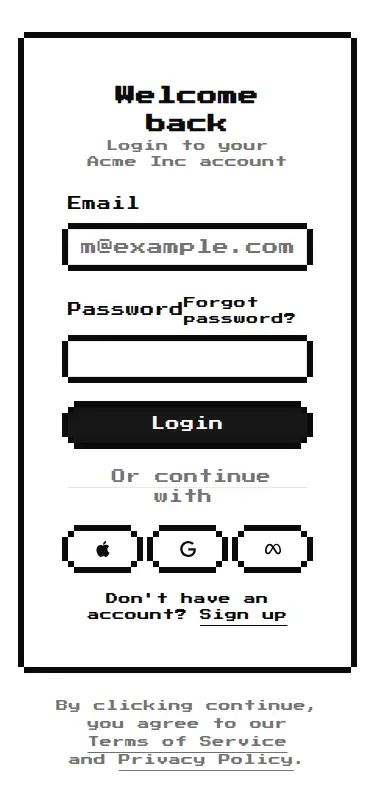 Harness screenshot of 8bitcn-login-form-with-image at 375 pixels wide