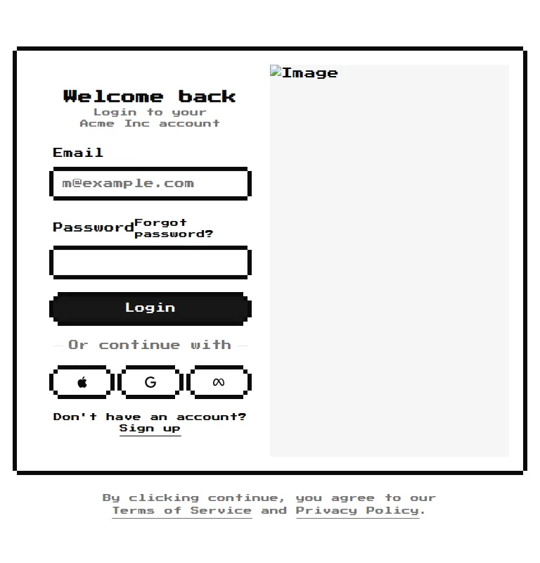 Harness screenshot of 8bitcn-login-form-with-image at 768 pixels wide
