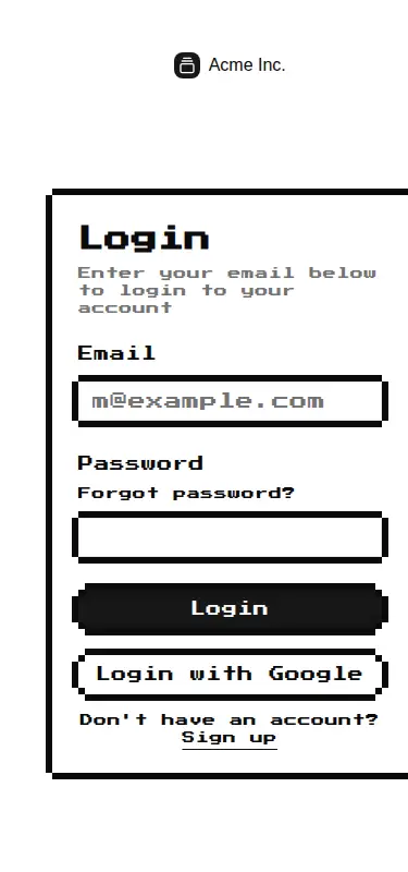 Harness screenshot of 8bitcn-login-page at 375 pixels wide