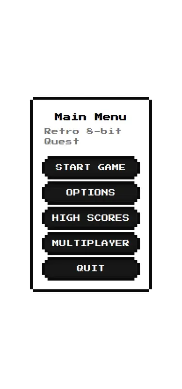 Harness screenshot of 8bitcn-main-menu at 375 pixels wide