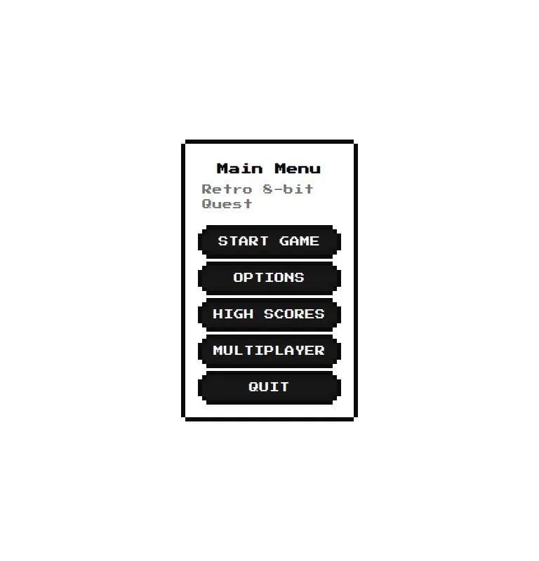 Harness screenshot of 8bitcn-main-menu at 768 pixels wide