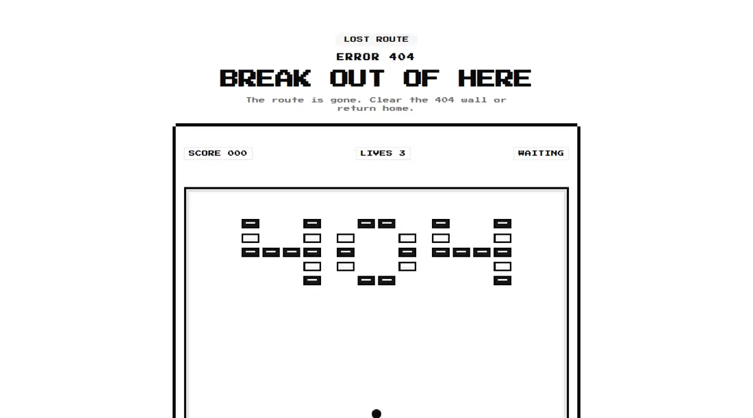 Harness screenshot of 8bitcn-not-found-brick-breaker at 1440 pixels wide