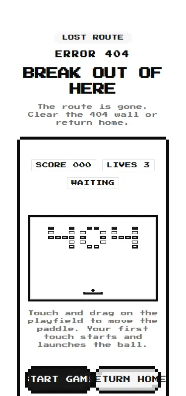 Harness screenshot of 8bitcn-not-found-brick-breaker at 375 pixels wide