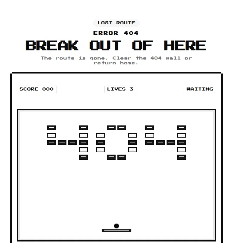 Harness screenshot of 8bitcn-not-found-brick-breaker at 768 pixels wide