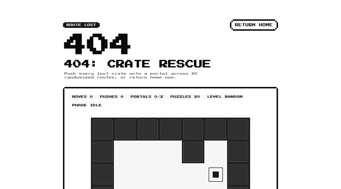 Harness screenshot of 8bitcn-not-found-crate-pusher at 1440 pixels wide