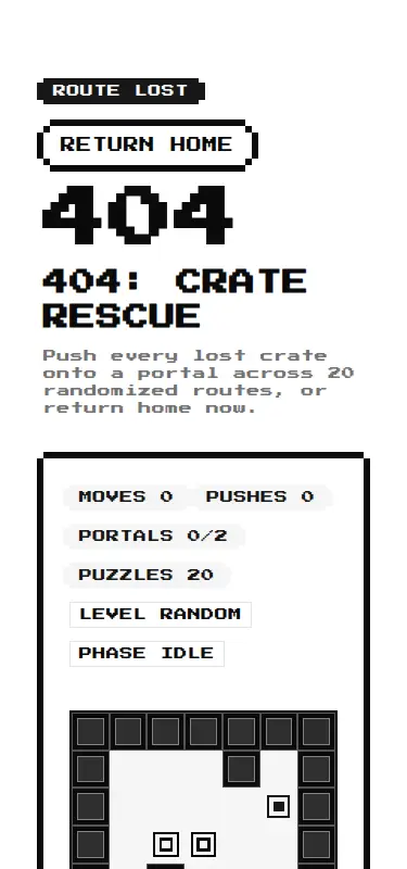 Harness screenshot of 8bitcn-not-found-crate-pusher at 375 pixels wide