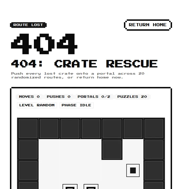 Harness screenshot of 8bitcn-not-found-crate-pusher at 768 pixels wide