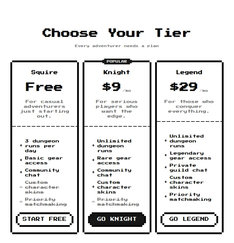 Harness screenshot of 8bitcn-pricing1 at 768 pixels wide