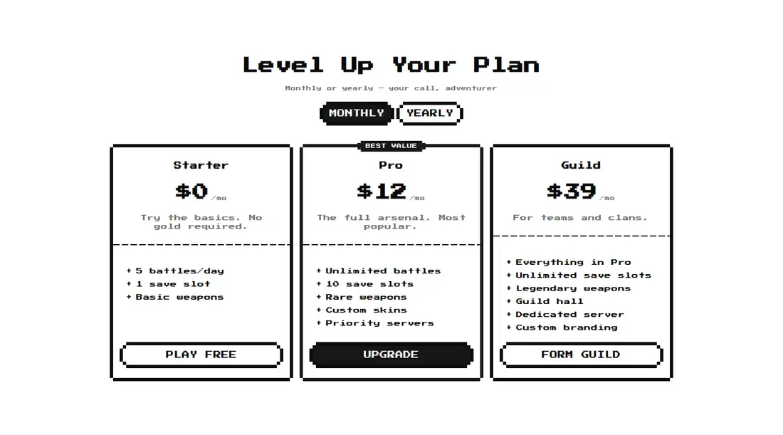 Harness screenshot of 8bitcn-pricing2 at 1440 pixels wide