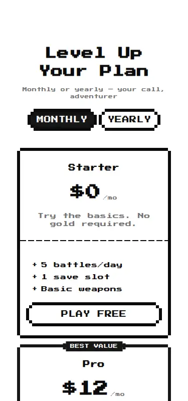 Harness screenshot of 8bitcn-pricing2 at 375 pixels wide