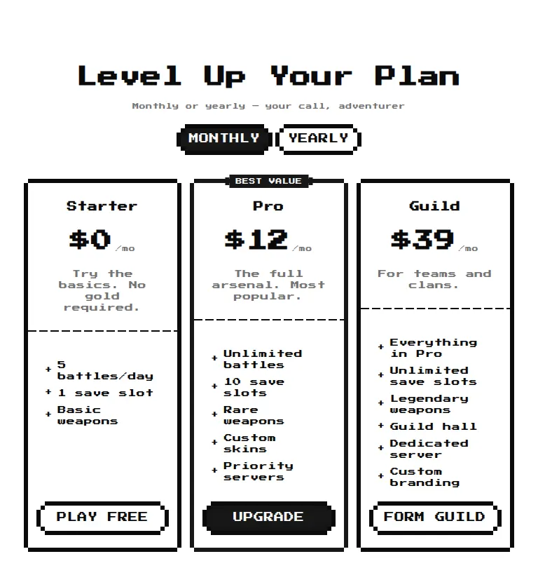 Harness screenshot of 8bitcn-pricing2 at 768 pixels wide