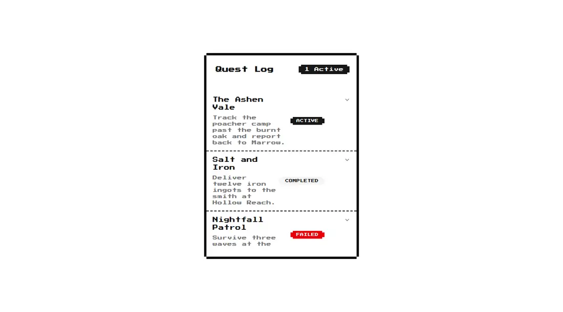 Harness screenshot of 8bitcn-quest-log at 1440 pixels wide