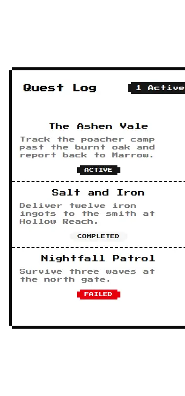 Harness screenshot of 8bitcn-quest-log at 375 pixels wide