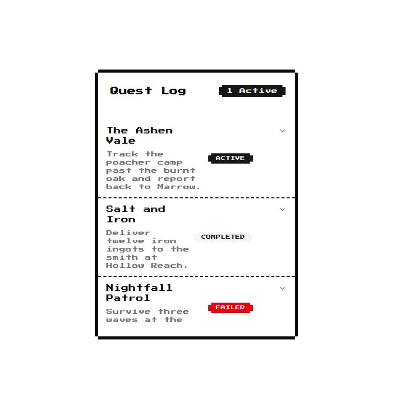 Harness screenshot of 8bitcn-quest-log at 768 pixels wide
