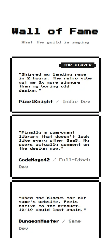 Harness screenshot of 8bitcn-social-proof2 at 375 pixels wide