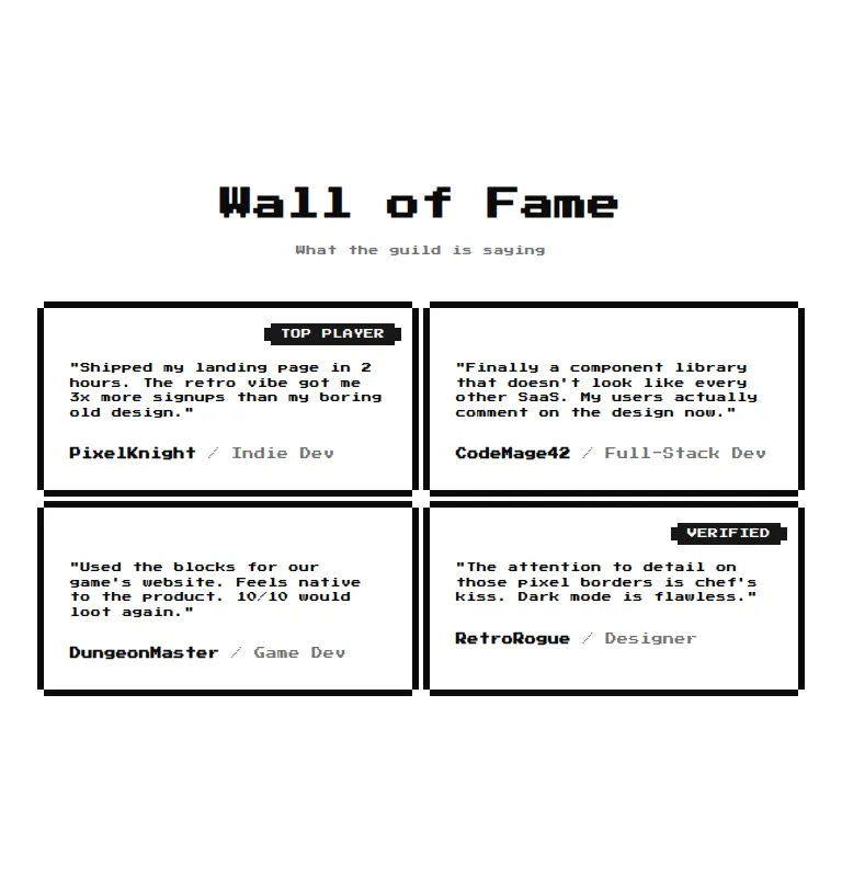 Harness screenshot of 8bitcn-social-proof2 at 768 pixels wide