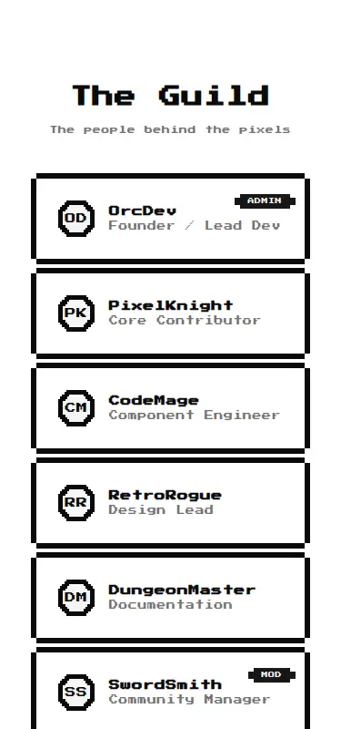 Harness screenshot of 8bitcn-team1 at 375 pixels wide