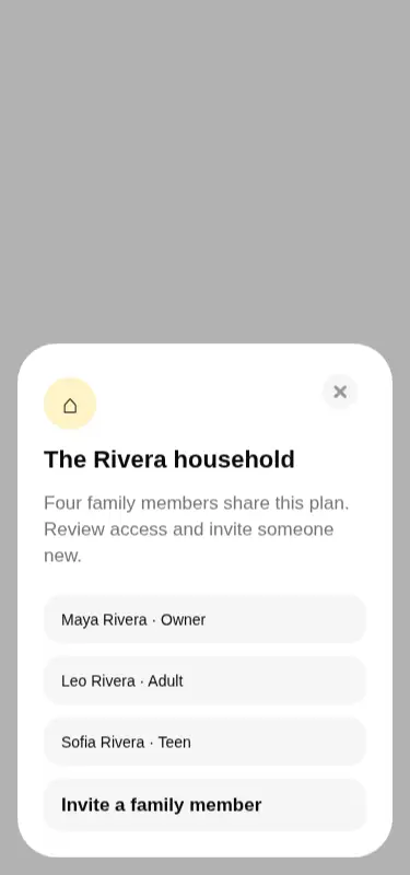 Harness screenshot of cultui-family-drawer at 375 pixels wide