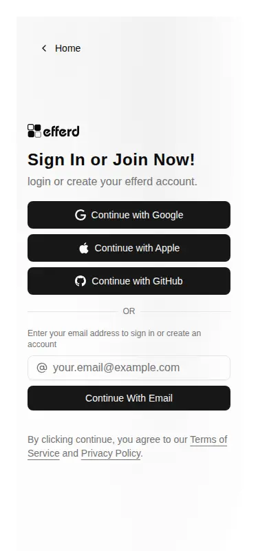 Harness screenshot of efferd-auth-2 at 375 pixels wide