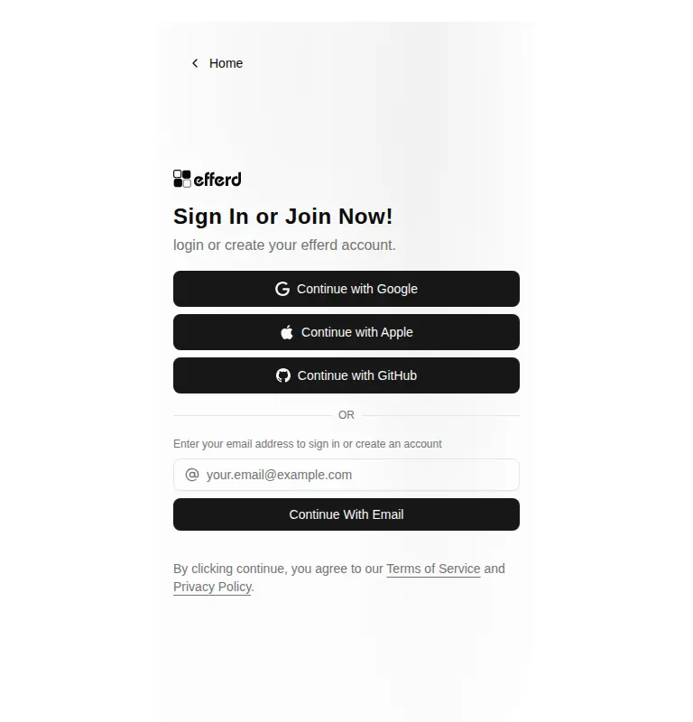 Harness screenshot of efferd-auth-2 at 768 pixels wide