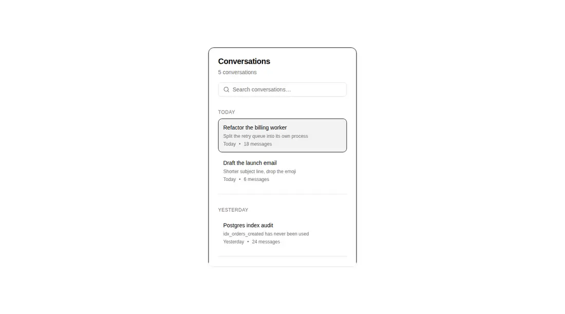 Harness screenshot of hextaui-ai-chat-history at 1440 pixels wide