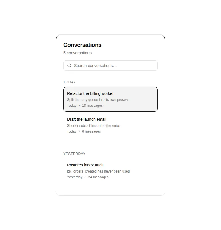 Harness screenshot of hextaui-ai-chat-history at 768 pixels wide