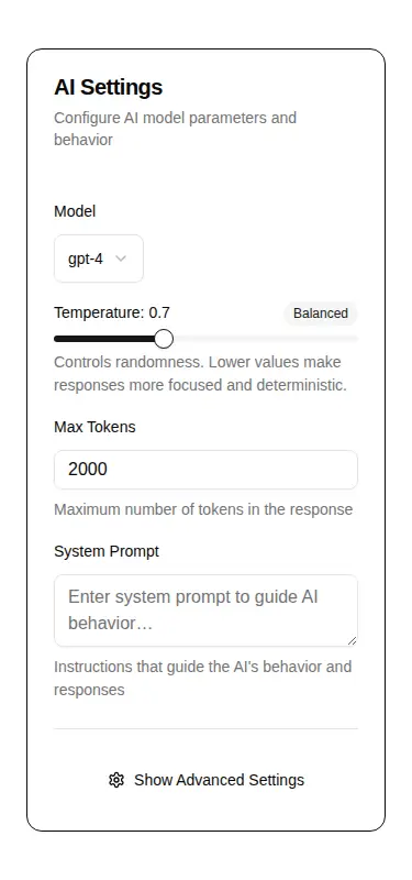 Harness screenshot of hextaui-ai-settings-panel at 375 pixels wide