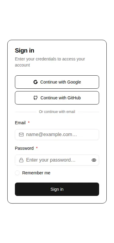 Harness screenshot of hextaui-auth-login-form at 375 pixels wide