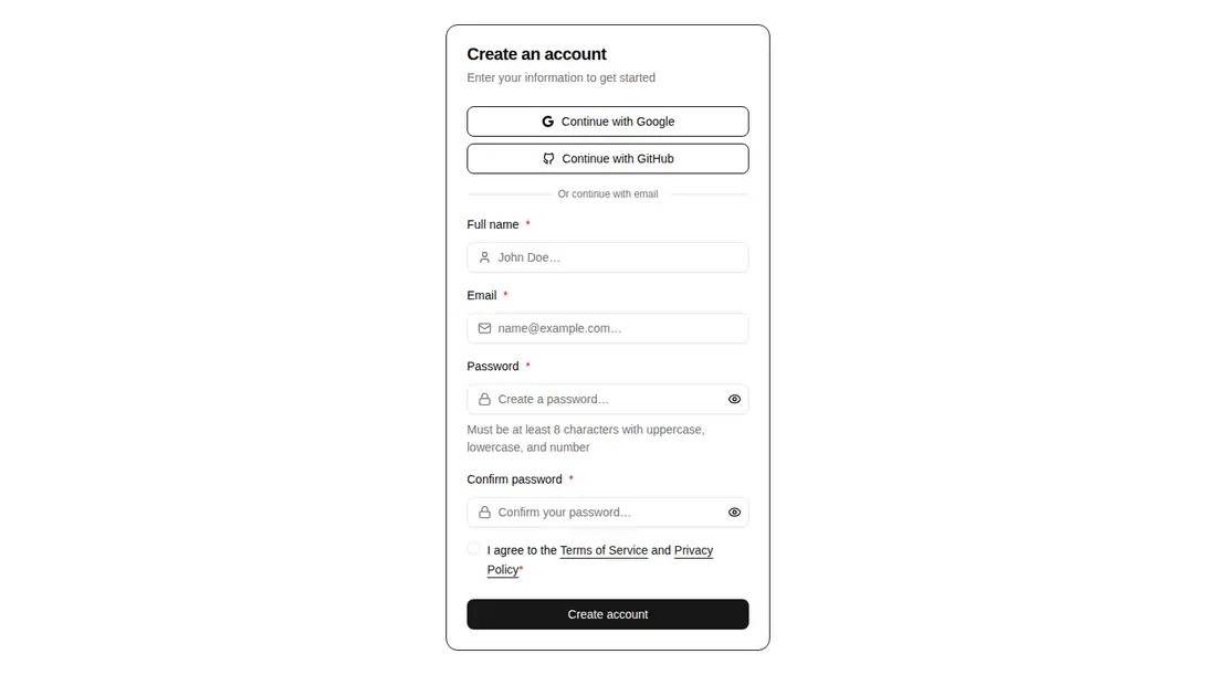 Harness screenshot of hextaui-auth-signup-form at 1440 pixels wide