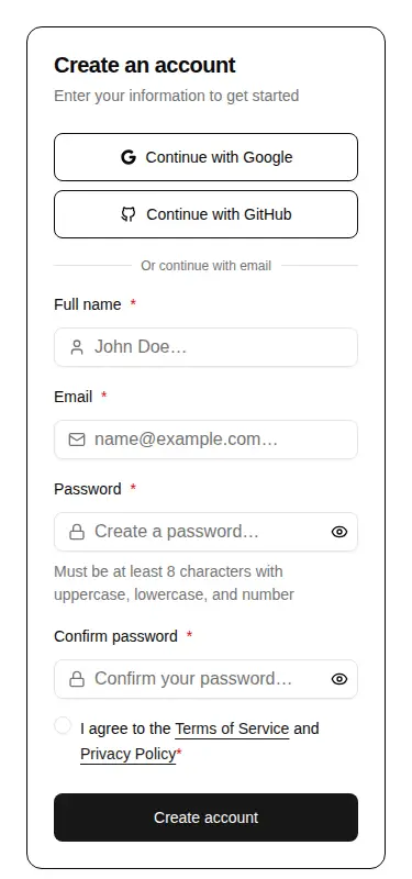 Harness screenshot of hextaui-auth-signup-form at 375 pixels wide