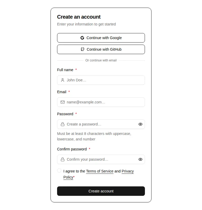 Harness screenshot of hextaui-auth-signup-form at 768 pixels wide