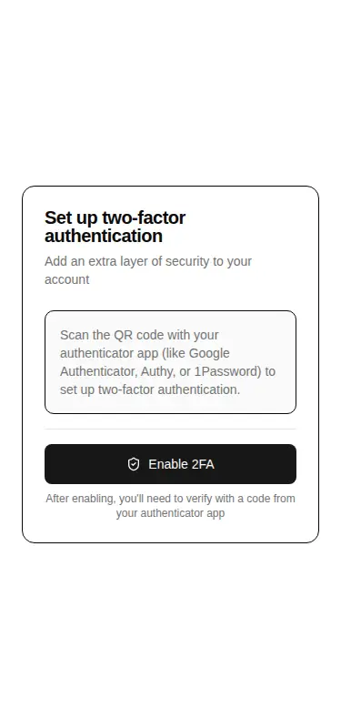 Harness screenshot of hextaui-auth-two-factor-setup at 375 pixels wide