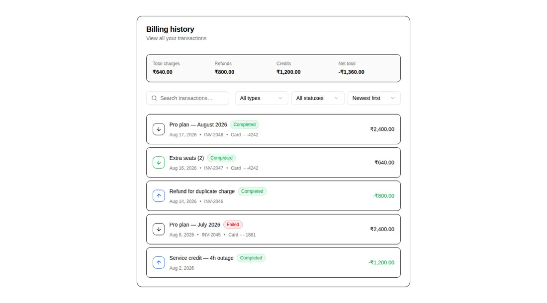 Harness screenshot of hextaui-billing-billing-history at 1440 pixels wide