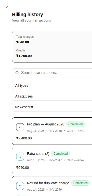 Harness screenshot of hextaui-billing-billing-history at 375 pixels wide