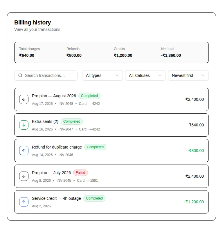 Harness screenshot of hextaui-billing-billing-history at 768 pixels wide