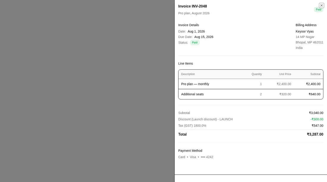 Harness screenshot of hextaui-billing-invoice-details at 1440 pixels wide