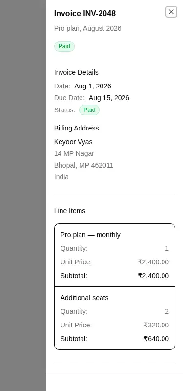Harness screenshot of hextaui-billing-invoice-details at 375 pixels wide
